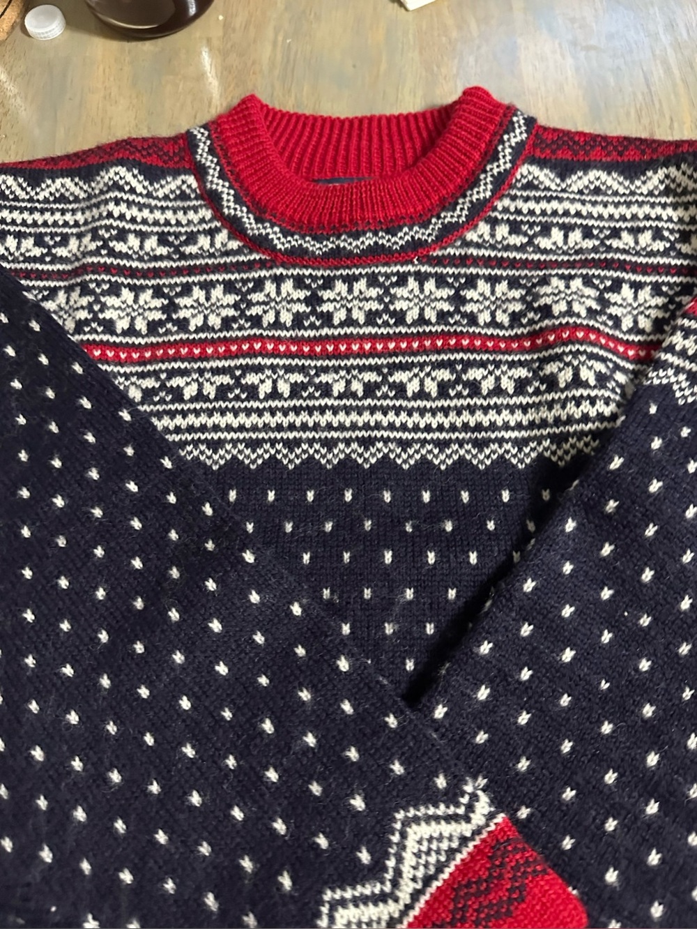 Vintage Men's Navy Fair Isle Sweater with Red Trim